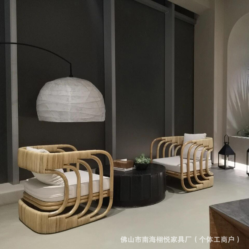 Real rattan single sofa chair, Nordic wabi-sabi style balcony outdoor leisure rattan chair, creative rattan furniture for home and homestay
