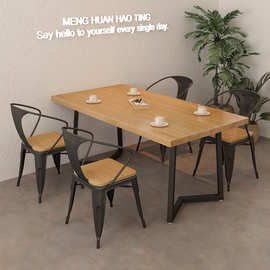 章臣商用铁艺餐桌长方形家用吃饭桌子新西兰松木食堂餐厅桌椅组合