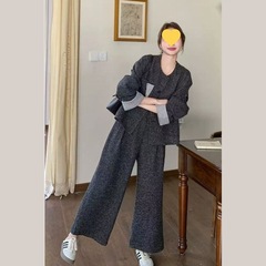 高级感时尚西装外套裤子两件套女秋季大码胖休闲上衣阔腿裤套装
