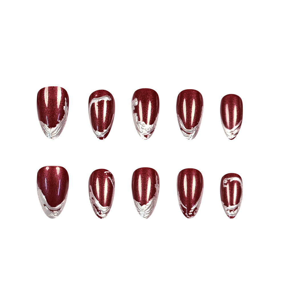Comercio exterior 3D estereoscopio de plata francesa de uñas rojo vino retrógrado lujo usar parche de uñas 30 piezas de parche de uñas
