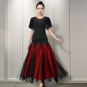 Black red blue Modern ballroom dancing dresses for women short ruffles sleeves long skirts full-skirted ballroom waltz tango dance long gown for woman