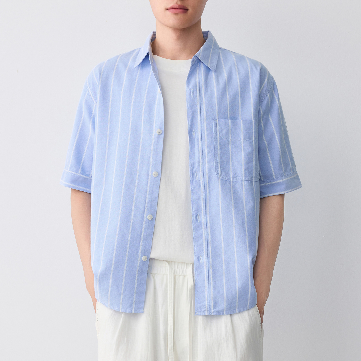 Áo sơ mi nam ngắn tay sọc cotton thoáng mát — màu xanh nhạt