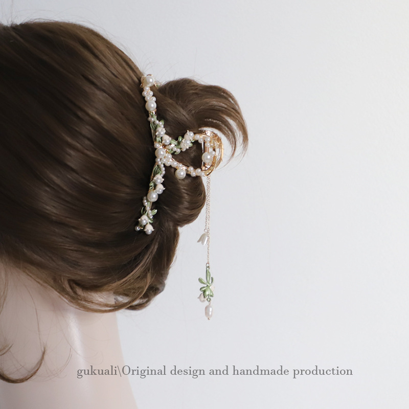 GUKUALI Japanese and Korean Pearl Branch Grab Clip Mori Style Girl Ins Style Refined Head Hair Clip Shark Clip