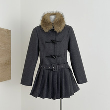 法式气质可拆卸毛领毛呢外套女秋冬加厚百褶下摆呢子大衣