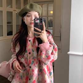 胖感超好看慵懒风毛衣女秋冬新款大码甜美花朵粉色针织外套