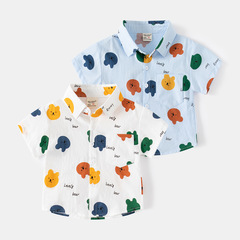 Handsome home casual children's short-sleeved boy's lapel shirt with bear pattern children's cartoon cotton short-sleeved shirt
