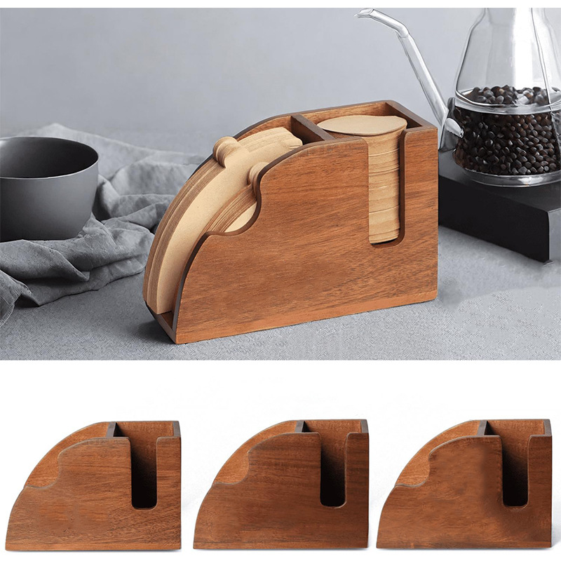 Polvo estante de papel de filtro de café estante de mano caja de papel de filtro de madera estante de papel de filtro de madera caja de almacenamiento en forma de ventilador caja de madera al por mayor