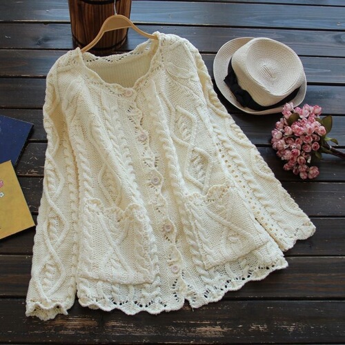 New Japanese Sen women's hollowed-out twist rimmed sweater cardigan solid color button knitted short coat for women's autumn and winter