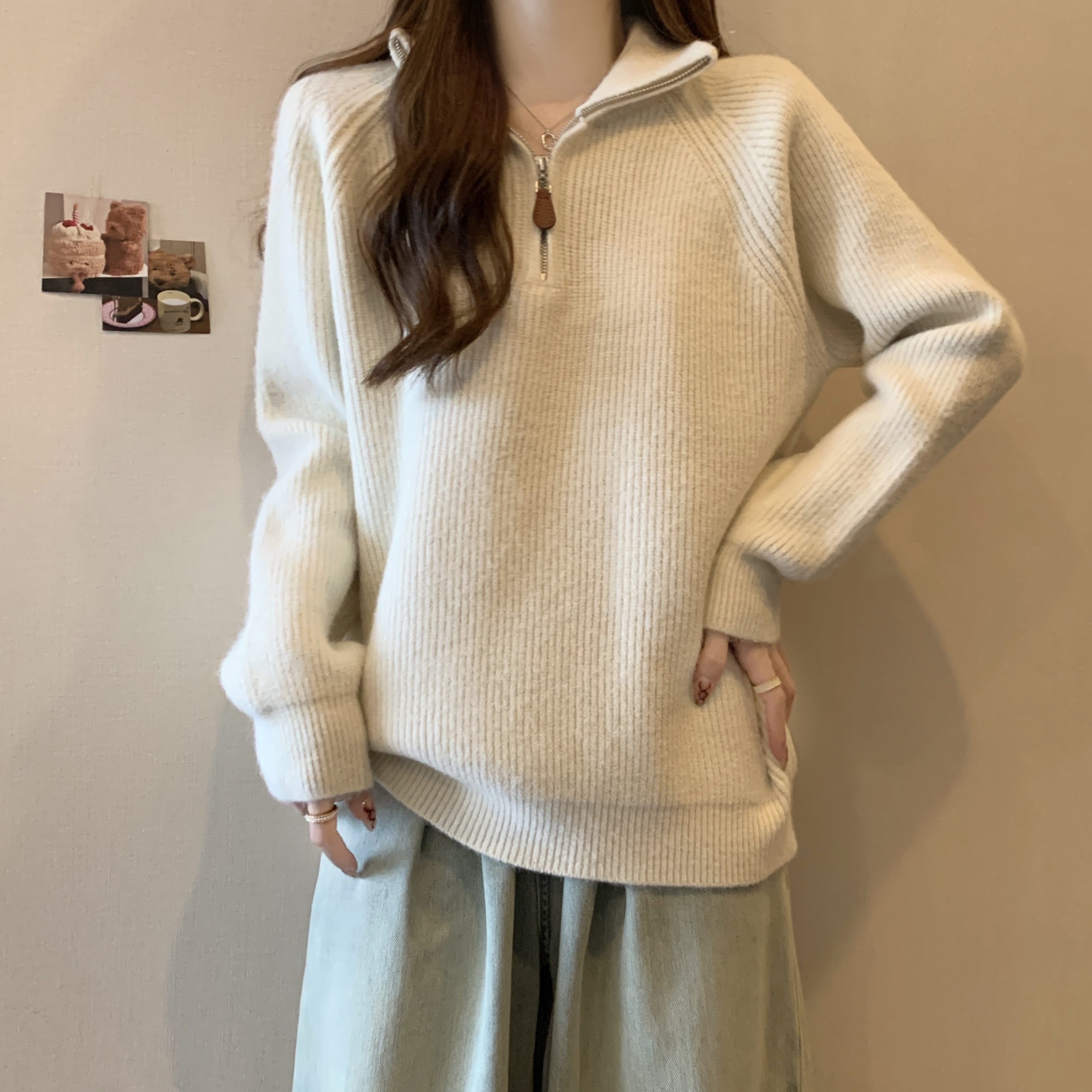 (2개) 하프 지프 터틀넥 스웨터 여성의 가을과 겨울 플러스 사이즈 내베이스 니트 스웨터 지방 슬리밍 MAILLARD WARM TOP