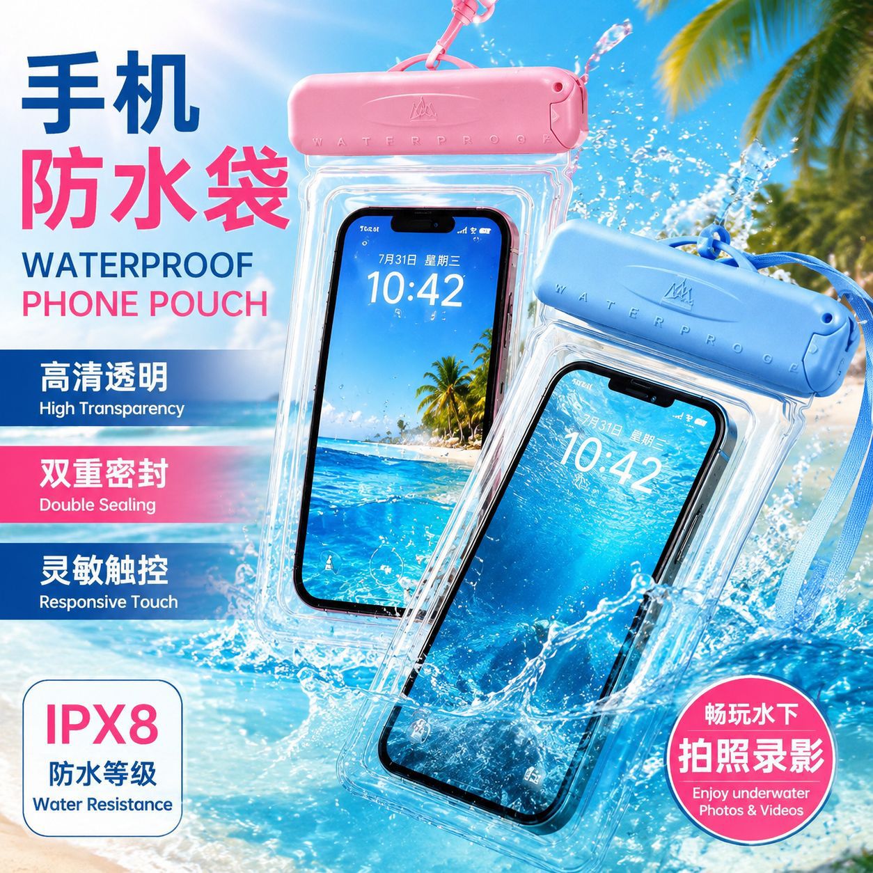 Mobile phone waterproof bag, touch screen compatible, self-sealing bag for swimming, diving, taking photos at the beach, and rafting, transparent waterproof case