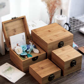 竹木实木带锁木盒子正方形桌面收纳盒首饰储物方木盒包装竹小方盒