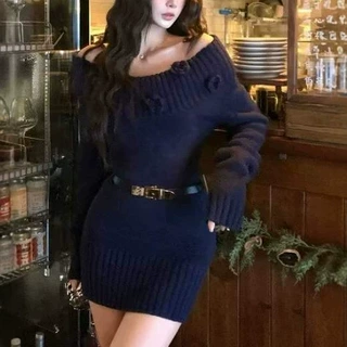 Bar ChilMl千金风藏蓝色连衣裙一字肩女冬季修身毛衣裙生日包臀裙