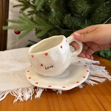 韩式手捏不规则白色陶瓷咖啡杯碟情侣爱心手绘早餐麦片杯工厂直销