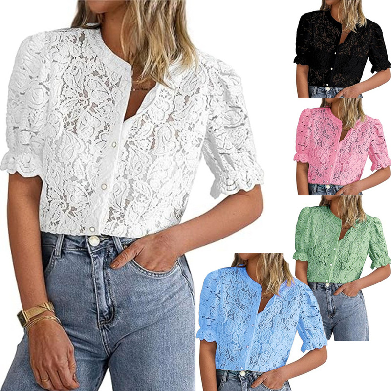 2025 cross-border Europe and the United States new fashion elegant lace shirt short sleeve button shirt top spring and summer women's clothing