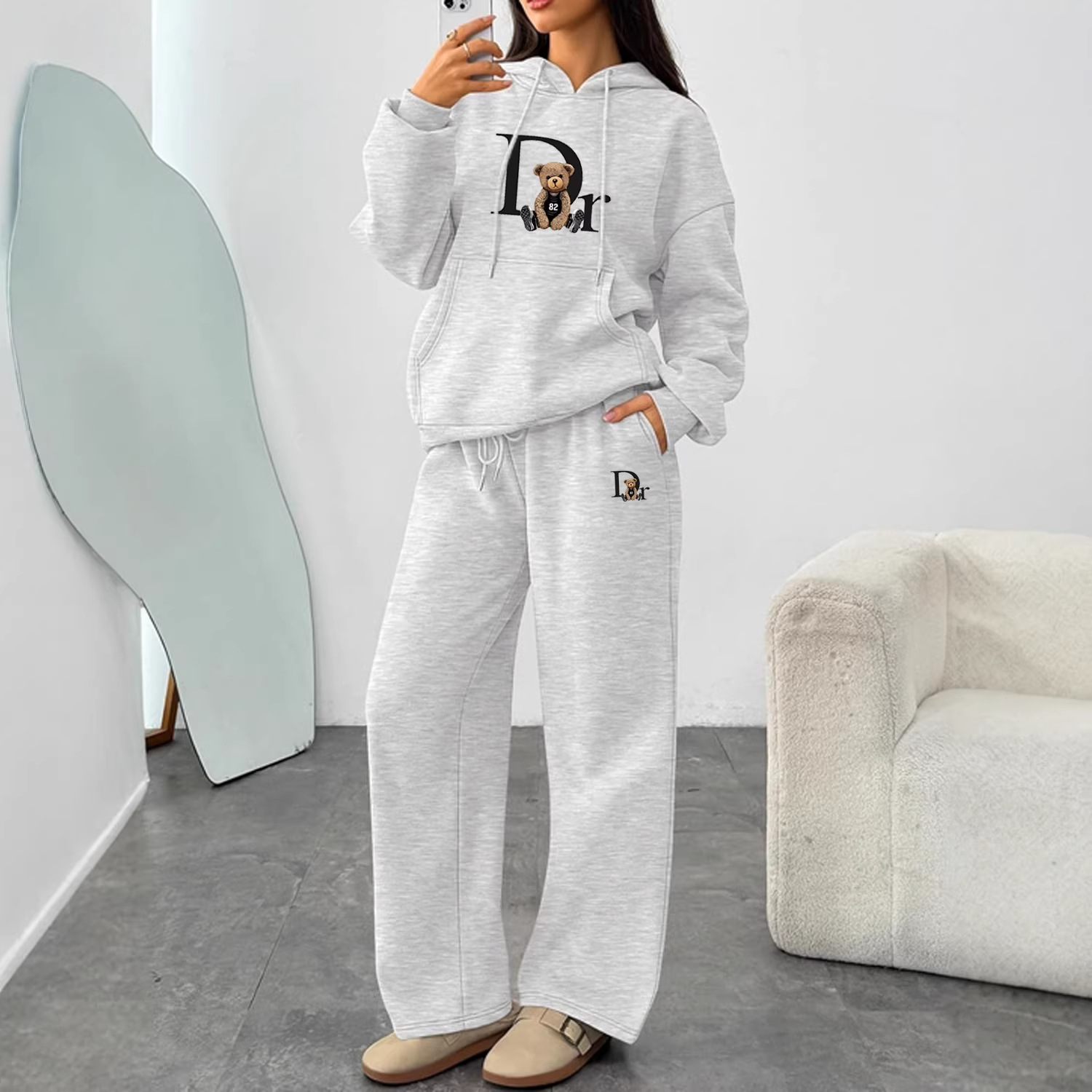 Conjunto de sudadera con capucha y pantalones de pierna ancha y rectos, con estampado de letras, de otoño e invierno, de comercio electrónico transfronterizo_voghion.com