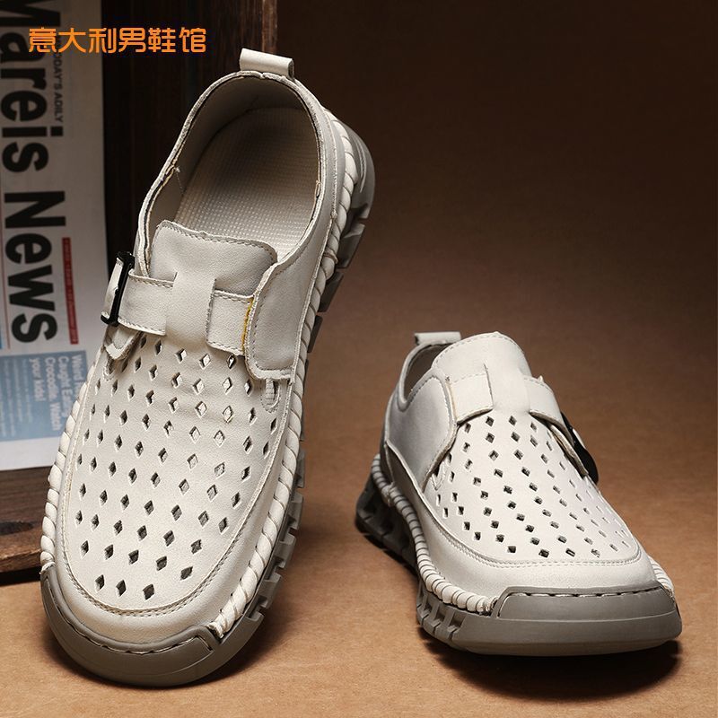 High-End Genuine Leather Sandals for Men, Hollow Breathable Casual Shoes, Retro Clogs, Exported to Italy
