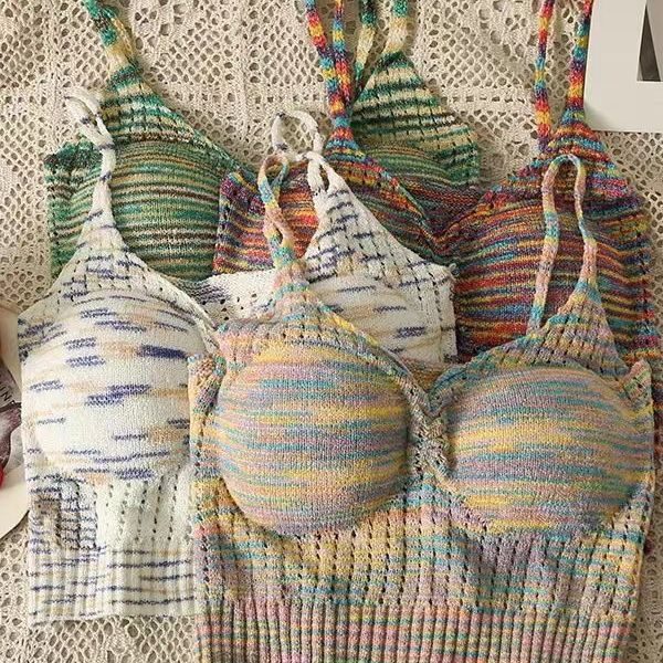 Rainbow Striped Knitted Sling Women's xs Sweet Spice Girls Short Top Summer Outer Wearing Design Strapless Vest