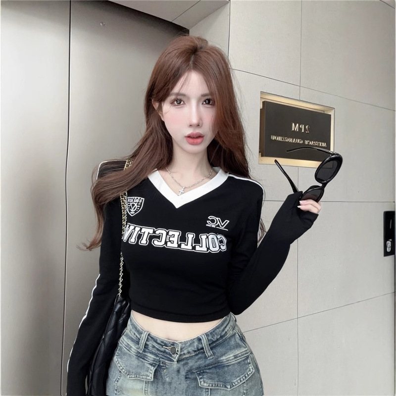 American Sports Striped Long-sleeved T-shirt Women's Early Autumn Spice Girl V-neck Short Shoulder Pad Top Slim-fit Base Shirt