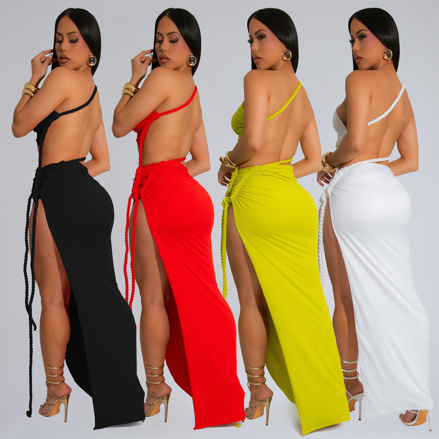C7342 Cross-border AliExpress Amazon Ropa de mujer de moda europea y americana Vestido largo sexy simple envuelto en el pecho con apertura lateral
