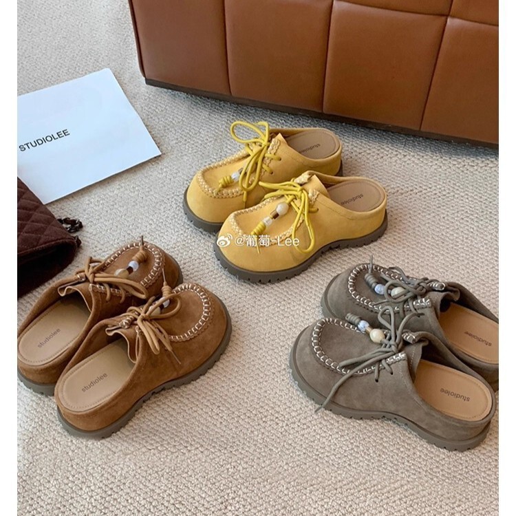 Grape Mom's Same Style, 5.5cm Taller, Cute Big Head Beaded Lace-Up Cow Suede Kangaroo Birkenstock Half-Slip Women's Slippers