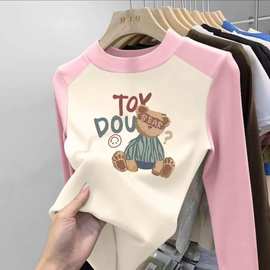 女童螺纹德绒保暖圆领打底衫秋冬2025新款中大童女孩拼色长袖上衣