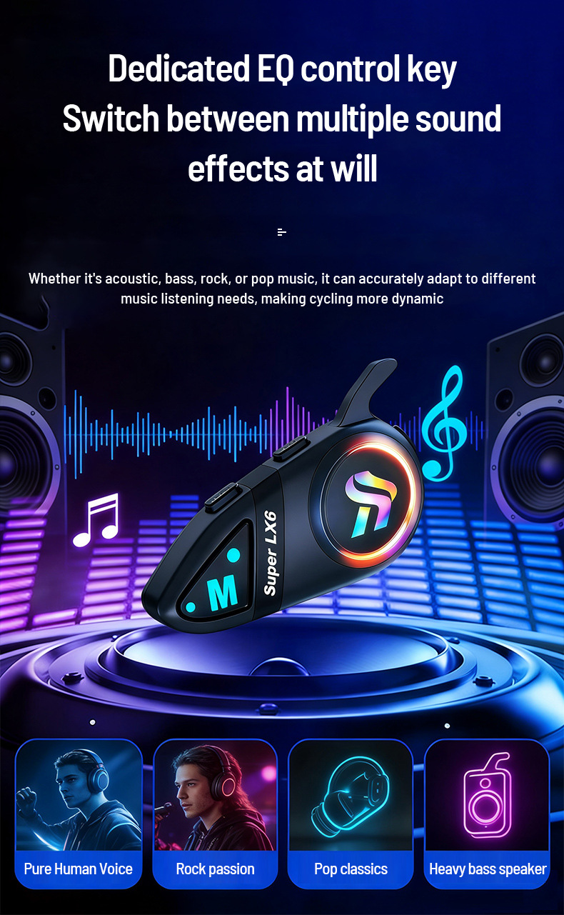 Motorcycle helmet Bluetooth headset LX6, waterproof, noise-reducing, four sound effects, riding headset, direct factory supply, samples available
