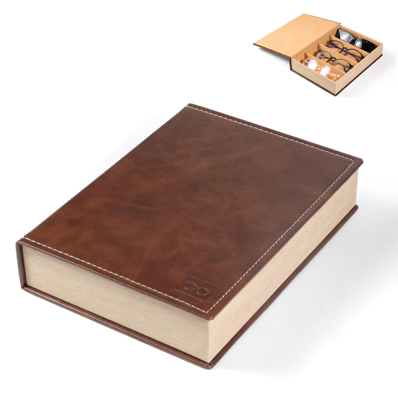 High-End Glasses Case Pu Leather Travel Mirror Case Pure Handmade Large-Capacity Sunglasses Myopia Storage Decorative Box 4 Compartments