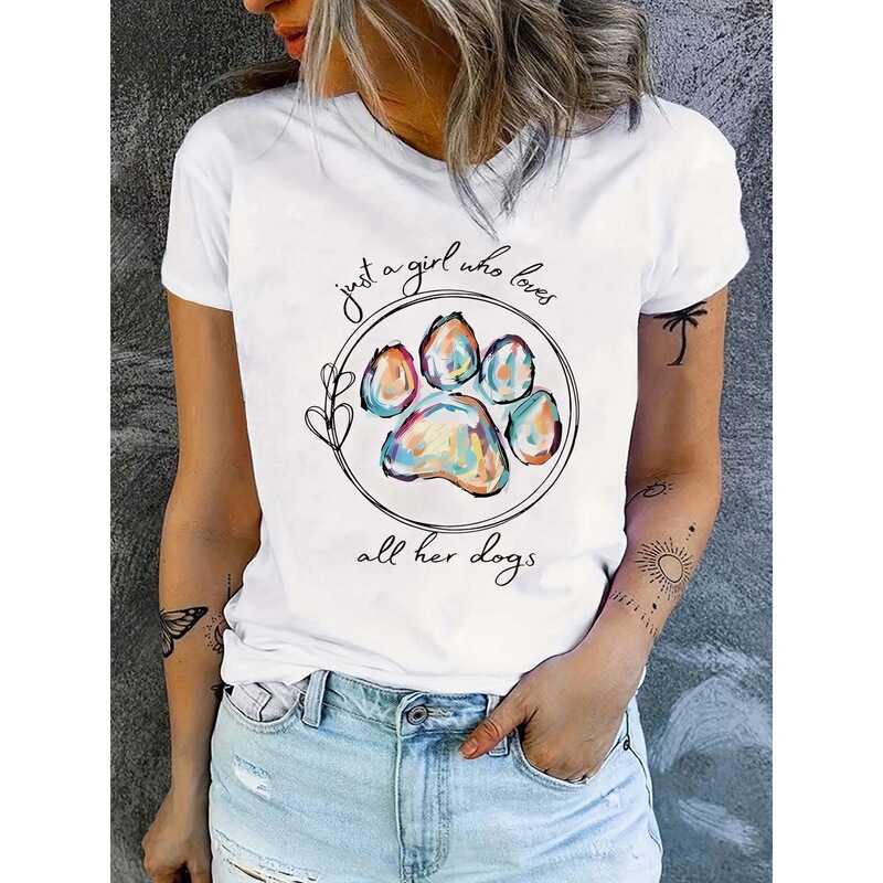 【For Foreign Trade】Women's Short-Sleeved T-Shirt with "Only Loves Her Dog" Print - Cute Dog Paw Print