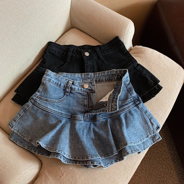 Ruffled Denim Skirt for Women 2025 Summer New High-Waisted Culottes for Small People Slimming Look Short Skirt with Large Skirt