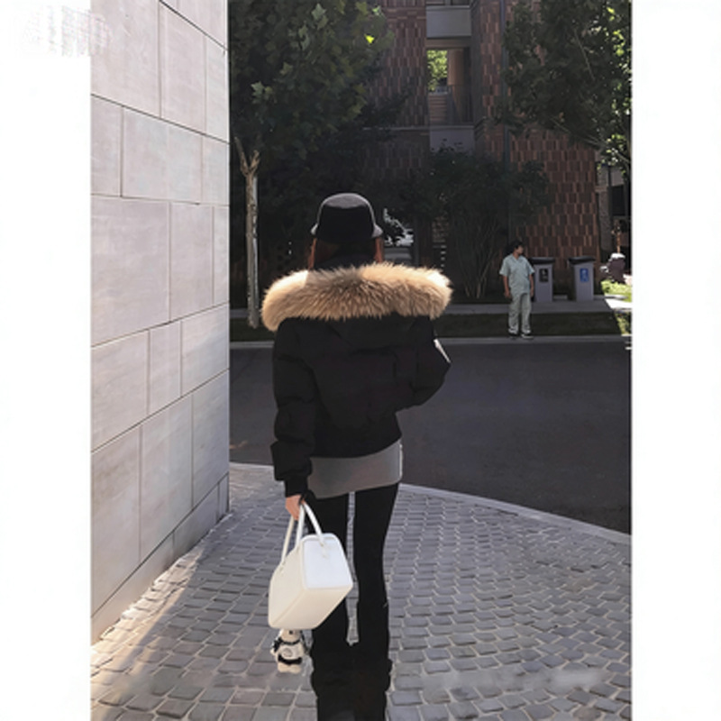 90 White Duck down Large Fur Collar Black Waist-Cinched down Jacket for Women 2026 Winter Short Korean Style Thickened Warm Coat