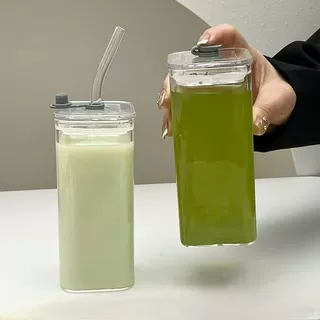 大容量水杯杯子ins女学生简约方形子家用便携式吸管杯玻璃杯带盖