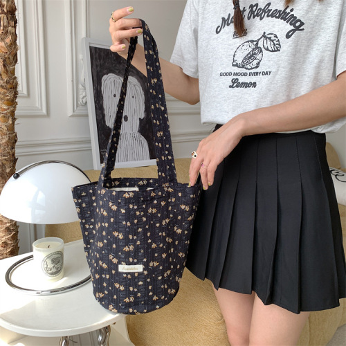 36201 New Floral Canvas Bucket Bag Korean Style Women's Simple Large Capacity Shoulder Bag Shopping Crossbody Bag