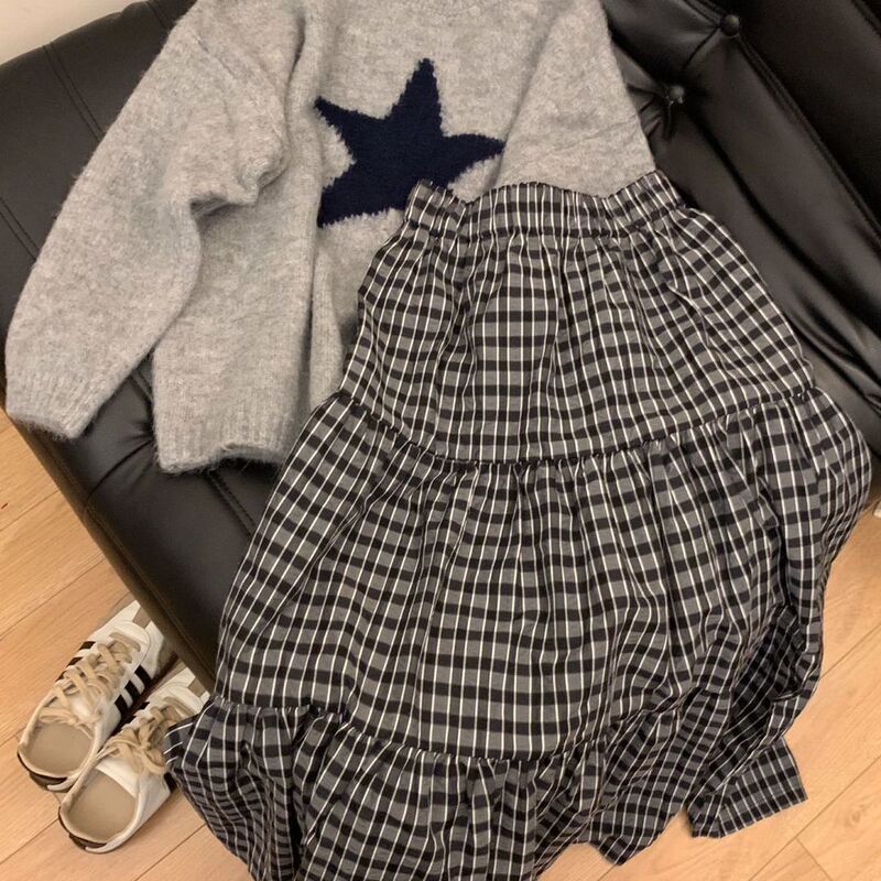 Five-Pointed Star Round Neck Pullover Knitwear Women's Top Gray Graffiti Loose Autumn and Winter Lazy Preppy Knitwear Top