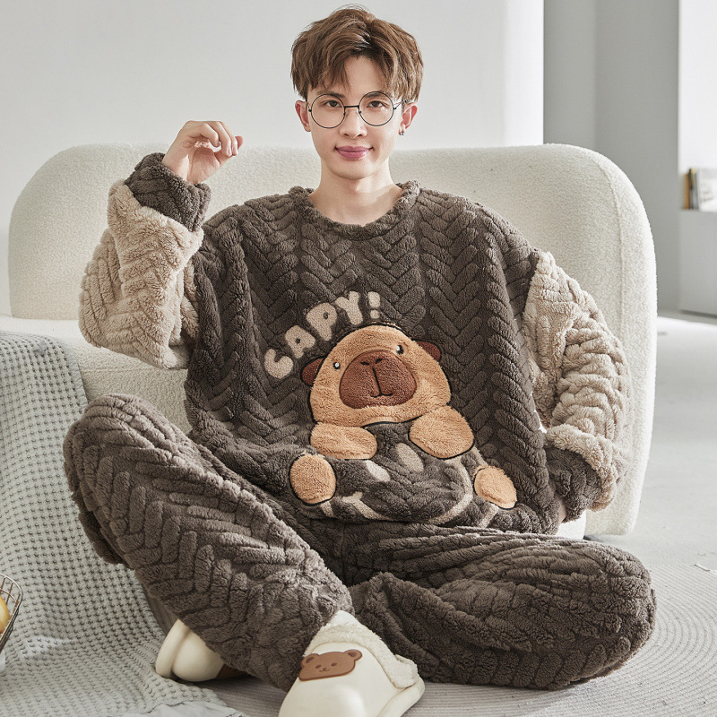 2025 Youth Flannel Pajamas Men's Winter Thickened New Jacquard Velvet Cute Youth Home Clothing Set
