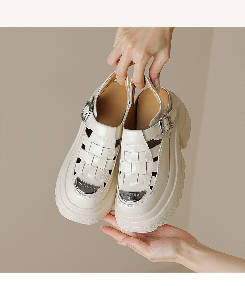 Sandal bít mũi đế dày da bóng phong cách La Mã, gót cao 10 cm — Màu be, Màu đen chi tiết 10