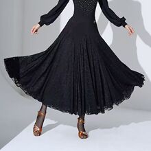 新款蕾丝摩登黑色蕾丝大摆裙女国标舞练习半裙交谊舞广场舞表演裙