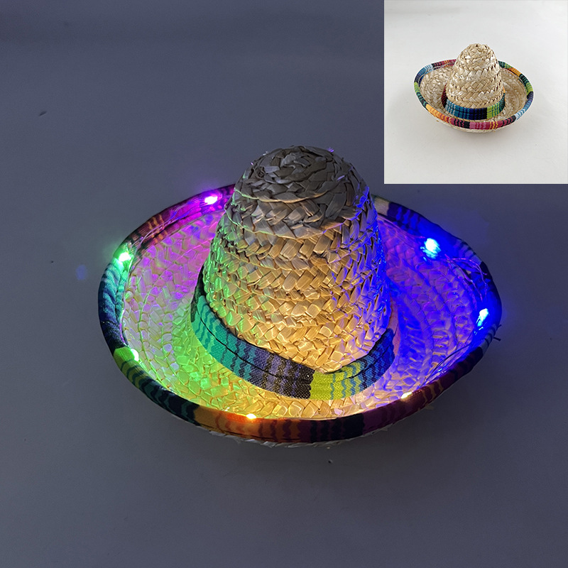 Halloween sombrero de fiesta de cumpleaños para adultos, niños, mascotas mexicanas, sombreros de paja luminosos LED