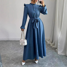 P231TEMU独立站外贸新款立领木耳边收腰系带春秋复古风通勤连衣裙
