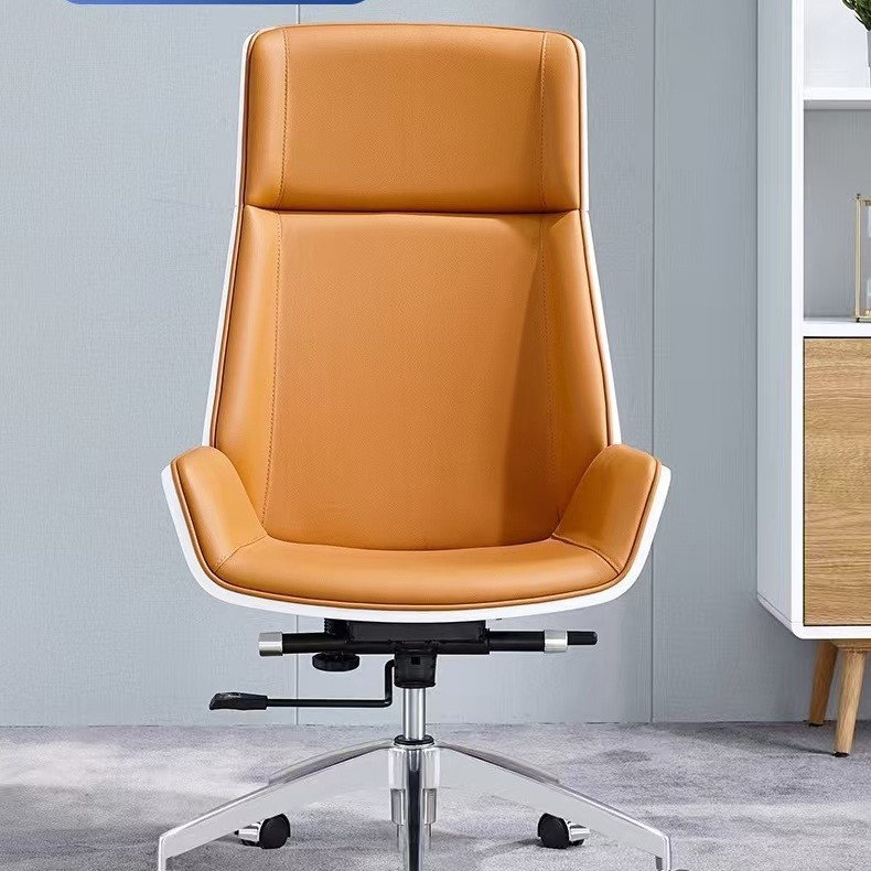 Leather Executive Chair, Conference Chair, Wooden Lacquered White Office Chair, High Backrest, Adjustable Height, Swivel, Home Study Computer Chair