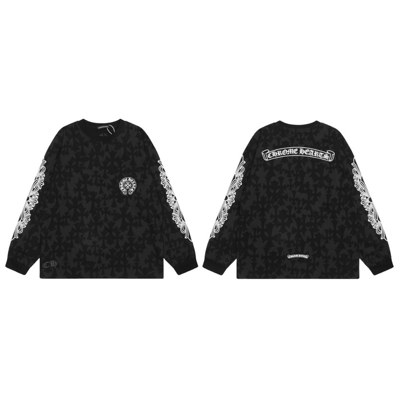 24Chrome Hearts Crow Letter Dark Pattern Cross Full Printed Sanskrit Men's Long-Sleeved t Wholesale