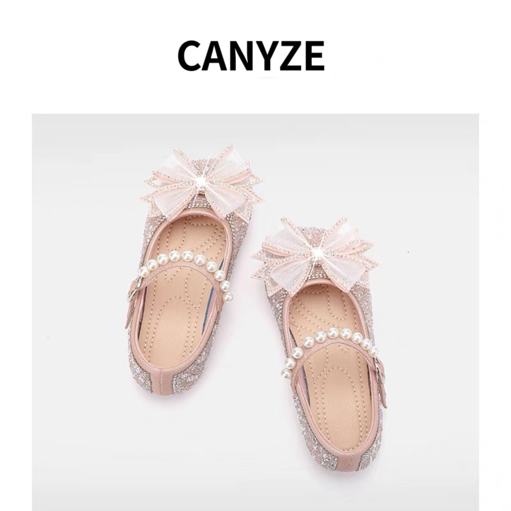 Canyze Crystal Pearl Bow Soft Bottom Princess Shoes Girls New Spring and Autumn Children's Baby Shoes