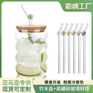 高硼硅耐热吸管玻璃杯ins家用牛奶咖啡杯16oz创意波纹定制可乐杯