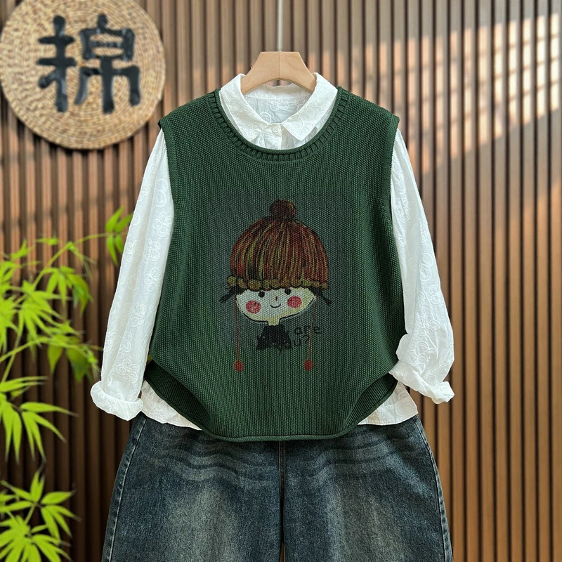 Korean-Style Casual Cartoon Printed Hat and Vest Set for Girls, Versatile Round-Neck Solid Color Knitted Women's Vest