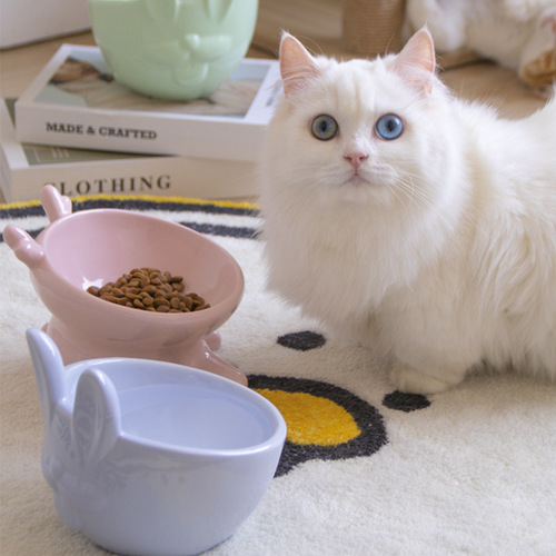 New Macaron Series Pet Bowl with Rabbit and Deer Designs, Slant Mouth Spine Protection Ceramic Cat Bowl Pet Feeder