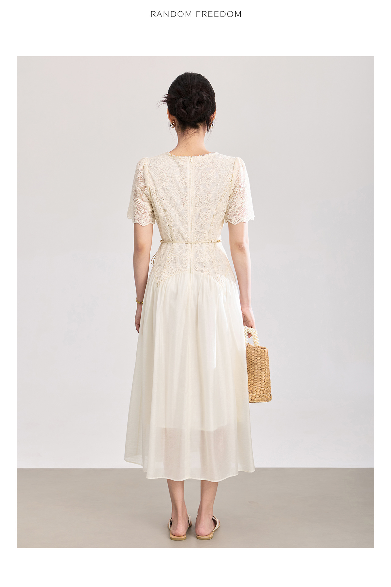 Đầm nữ tay ngắn thêu sequin cotton, thắt lưng eo phong cách Pháp — màu mơ chi tiết 15