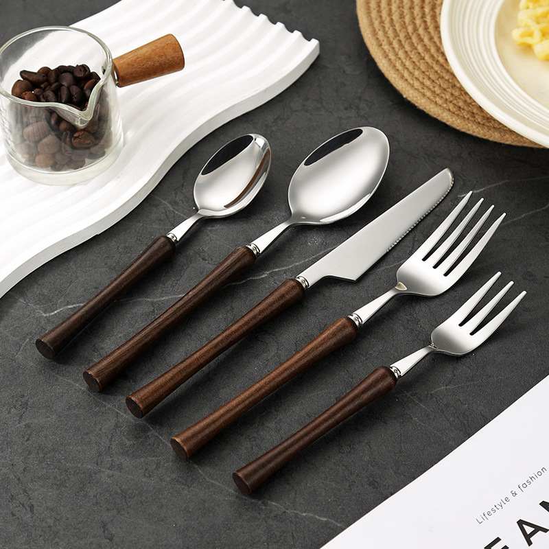Cross-Border 304 Stainless Steel Solid Wood Handle Small Waist Bright Chicken Wing Wood Knife, Fork and Spoon Western Tableware Steak Knife and Fork Set