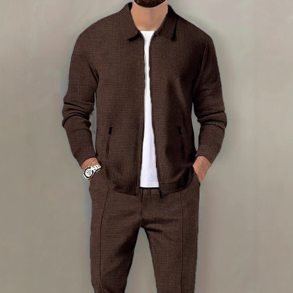 Chaqueta deportiva casual con cremallera de waffle de Amazon transfronterizo para hombres europeos y americanos, pantalones de manga larga, traje de solapa