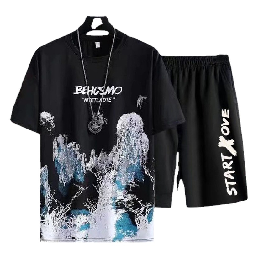 Camisa ropa de hombre primavera y verano delgada tie-dye de manga corta estilo nacional pintura de paisaje listo casual versátil al por mayor cuello redondo