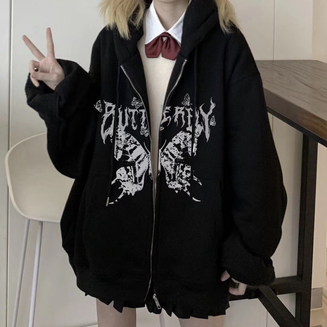 boy European And American New Dark Butterfly Unisex Hoodie Gothic Couple Harajuku Large Size Zipper Sweatshirt Men_voghion.com