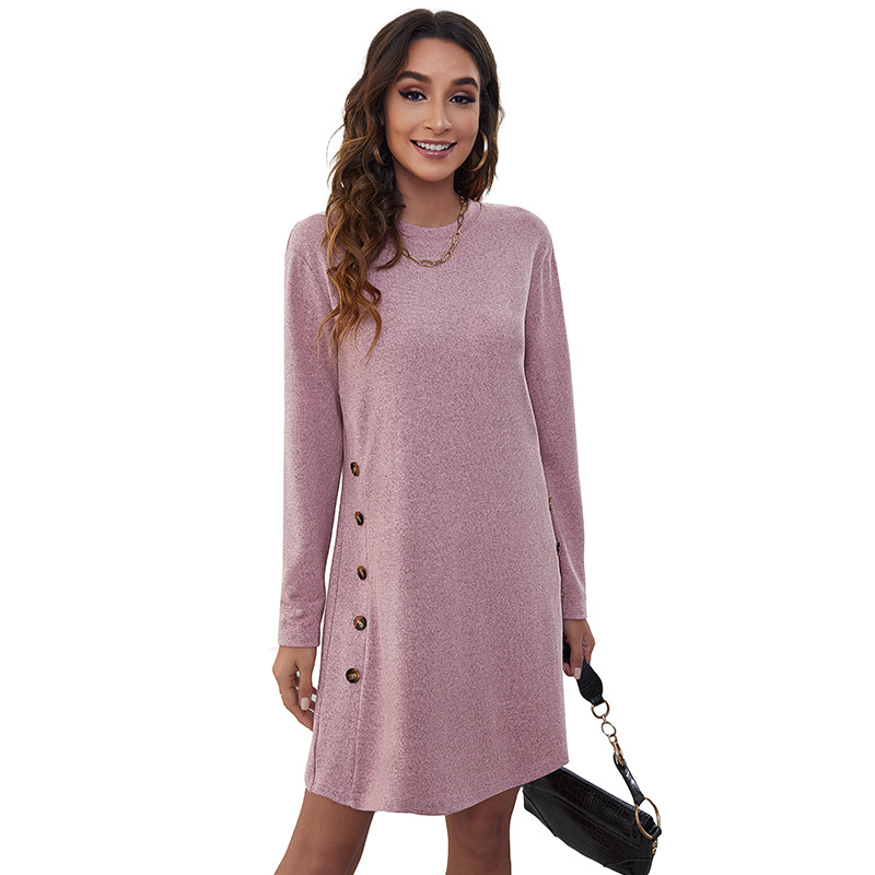 Noxi independent station Amazon 2021 Autumn/Winter new round neck women's casual simple button long-sleeve dress